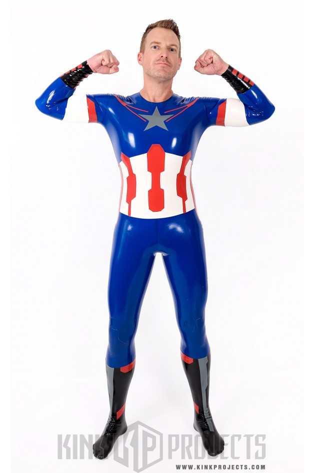 Male 'American Hero' Latex Neck Entry Cosplay Catsuit With Feet